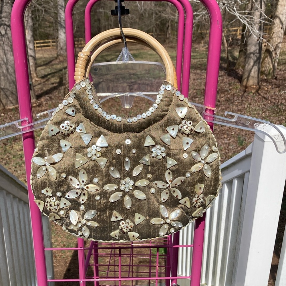 Elegant Beaded Tan Handbag